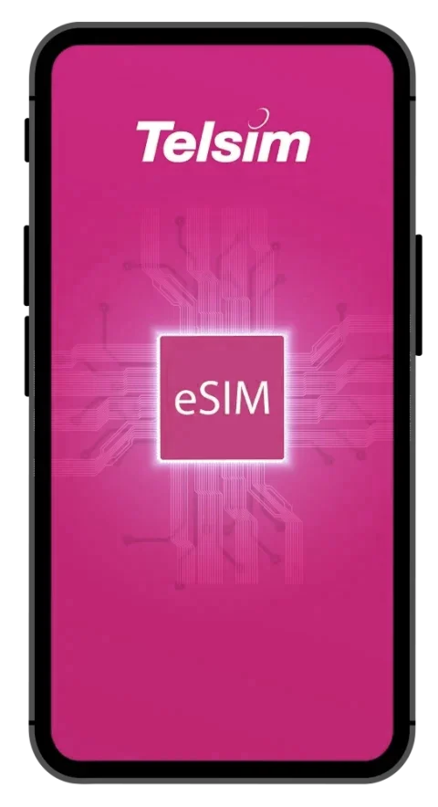 A mobile phone showing a screen with Telsim's eSIM Australia best-prepaid plan logo