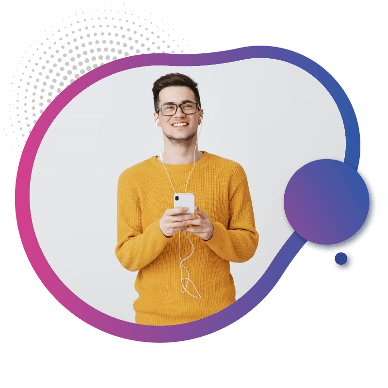 A person in a bright yellow sweater holds a smartphone and wears earphones, standing against a light background within a colorful frame, symbolizing the simplified and seamless connectivity of eSIM technology in Australia