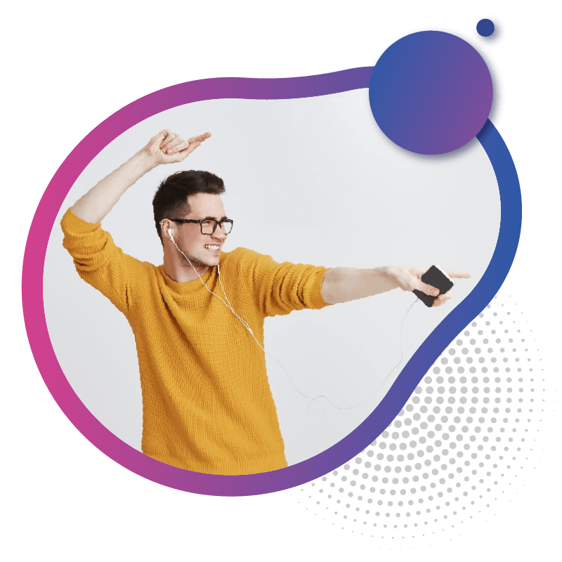 A person in a bright yellow sweater dances while holding a smartphone and wearing headphones, symbolizing the exciting future of 5G connectivity with eSIM technology in Australia.